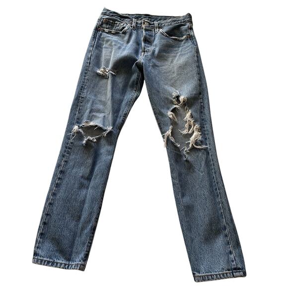 Levi’s 501 Super Ripped Medium Wash Straight Leg Mid Rise Women’s Jeans Size 27 - Picture 1 of 11
